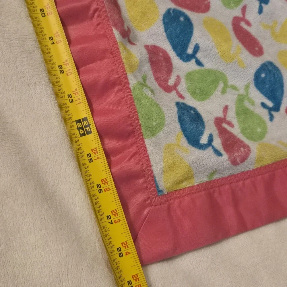 Handmade Whale Baby Blanket Satin Back Fleece Pink Green Security Blanket 28x35